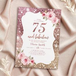 Small Sparkle Rose Gold Glitter And Floral 75th Birthday Invitation Front View