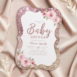 Small Sparkle Rose Gold Glitter And Floral Baby Shower Invitation Front View