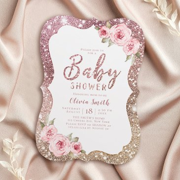 sparkle rose gold glitter and floral baby shower invitation