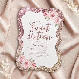 Small Sparkle Rose Gold Glitter Floral Sweet 16 Birthday Invitation Front View