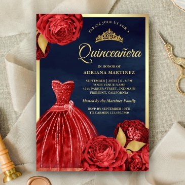 sparkling gown red roses navy gold quinceanera invitation