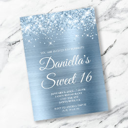 Small Sparkly Glittery Light Blue Foil Sweet 16 Invitation Front View