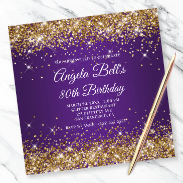 sparkly gold glitter royal purple 80th birthday invitation