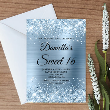 sparkly light blue glitter and foil sweet 16 invitation