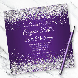 Small Sparkly Silver Glitter Royal Purple 60th Birthday Invitation Front View