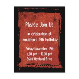 Small Spider Web Grunge Gothic Birthday Invitations Front View
