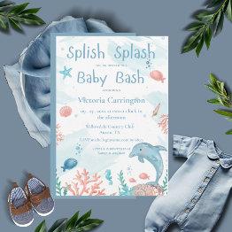 Small Splish Splash Baby Bash Ocean Fish Baby Shower Invitation Front View