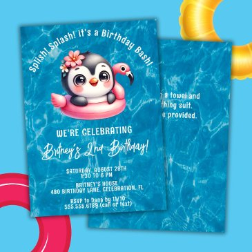 splish splash girl penguin pool birthday party invitation