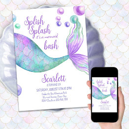 Small Splish Splash Its A Mermaid Bash Birthday Party Invitation Front View