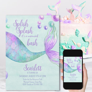 splish splash mermaid bash girls birthday party invitation