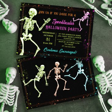 spooky dancing skeleton black halloween party invitation