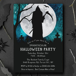 Small Spooky Grim Reaper Graveyard Halloween Party Invitation Front View