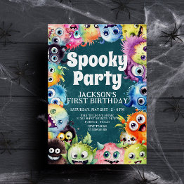 Small Spooky Monsters Kids Halloween Birthday Party Invitation Front View