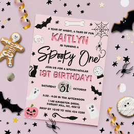 Small Spooky One! Girls Halloween 1st Birthday Invitation Front View