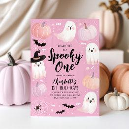 Small Spooky One Halloween 1st Birthday Girl Pink Ghost Invitation Front View