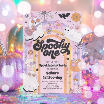 spooky one halloween groovy ghost 1st birthday invitation
