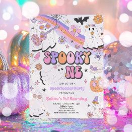 Small Spooky One Halloween Groovy Ghost 1st Birthday Invitation Front View