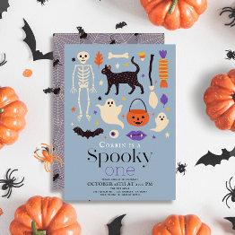 Small Spooky One Halloween Motifs Blue 1st Birthday Invitation Front View