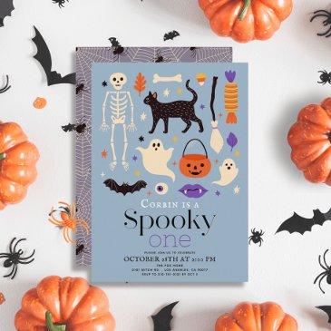 spooky one halloween motifs blue 1st birthday invitation
