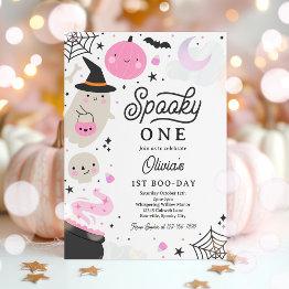 Small Spooky One Halloween Pink Ghost 1st Birthday Party Invitation Front View