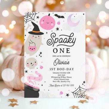 spooky one halloween pink ghost 1st birthday party invitation