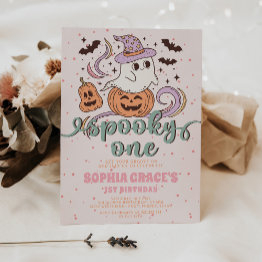 Small Spooky One Retro Ghost Halloween Birthday Party Invitation Front View