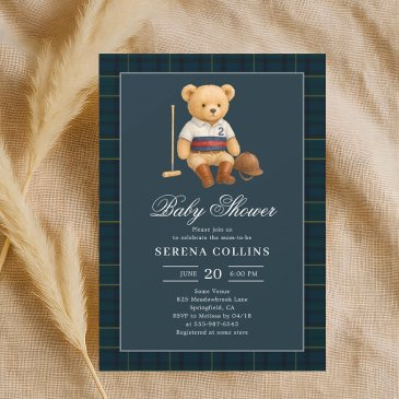 sport preppy bear blue baby shower invitation
