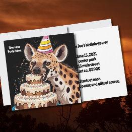 Small Spotted Hyena Wearing Hat Biting Into Cake Invitation Front View