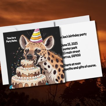 spotted hyena wearing hat biting into cake invitation