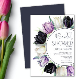 Small Spring Black White Tulips Bridal Shower Invitation Front View