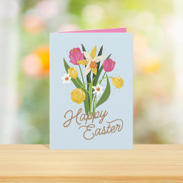 Small Spring Bouquet Tulip Daffodil Easter Holiday Invitations Front View