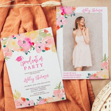 spring pink boho chic garden floral graduation invitation