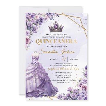 spring purple flowers princess dress quinceañera invitation