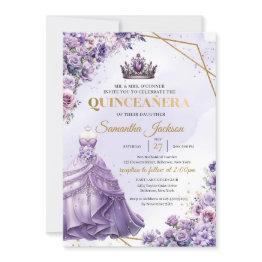 Small Spring Purple Flowers Princess Dress Quinceañera Invitation Front View
