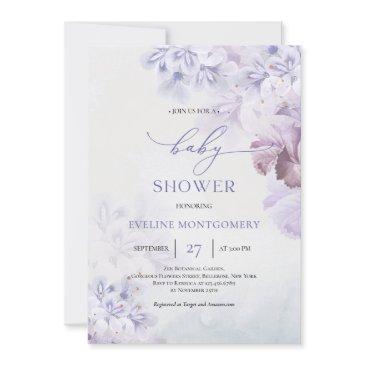 spring soft purple flowers dusty blue baby shower invitation