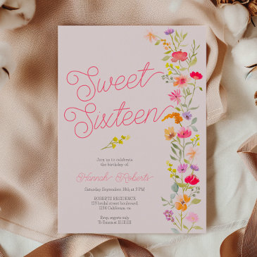 spring summer wildflowers floral sweet 16 pink invitation