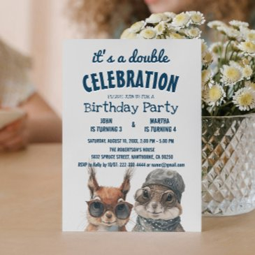 squirrel and rabbit kids double birthday party invitation