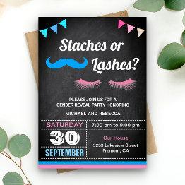 Small Staches Or Lashes Gender Reveal Party Invitation Front View