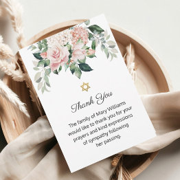 Small Star Of David Jewish Pink Floral Funeral Thank You Invitations Front View