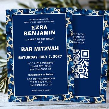 star of david watercolor custom qr bar bat mitzvah invitation