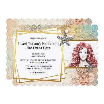 starfish clam shell geometric gold photo party invitation