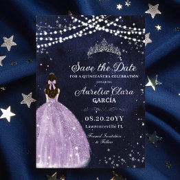 Small Starry Night Star Purple Quinceañera Save The Date Front View
