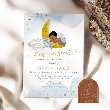 stars moon blue african angel boy baby shower invitation