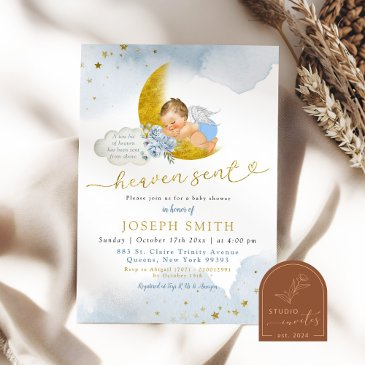 stars moon blue heaven sent blonde baby shower invitation