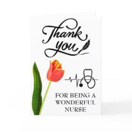 Small Stethoscope And Orange Tulip Nurse Thank You Invitations Front View