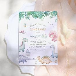 Small Stomp, Chomp & Roar Dinosaur Boys Birthday Party Invitation Front View
