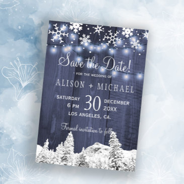 string lights wood snowflakes save date wedding save the date