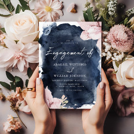 Small Stunning Blush Floral Navy Splash Engagement Party Invitation Front View