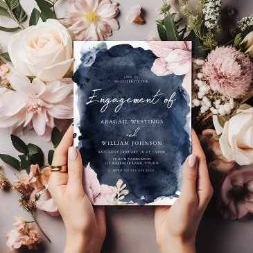 stunning blush floral navy splash engagement party invitation
