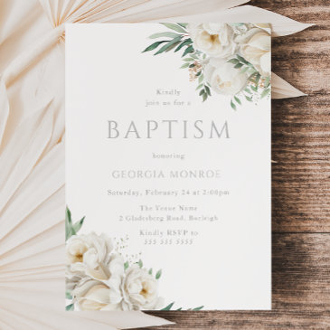 stunning sage leaf & white floral baptism invitation